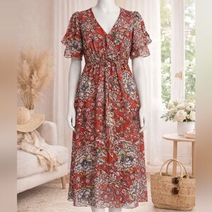 Le Ragarre NWT Floral Red Midi Dress Made In Italy Silk Blend